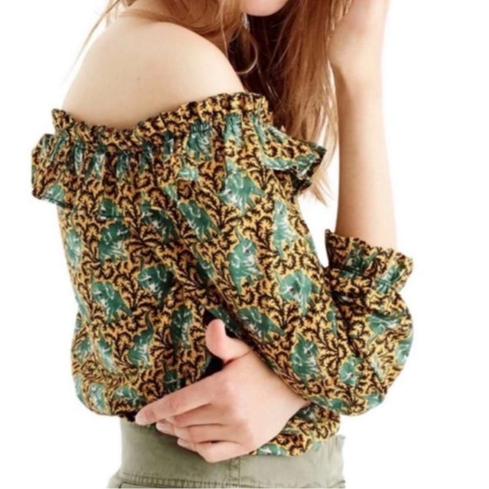 J Crew NWT Floral Off-Shoulder Peasant Top in Mustard and Green Size 00
